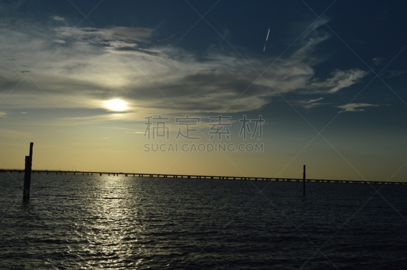 路易斯安那州,纽奥尔良,庞恰特雷恩湖,水,天空,湖岸,水平画幅,夜晚,无人,黄昏