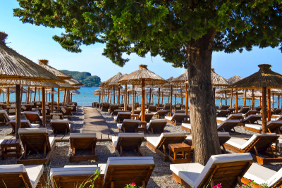 无人,夏天,稻草,海滩,伞,亚得里亚海,太阳,海岸线,sun lounger,柔和