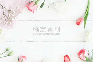 郁金香,边框,玫瑰,木制,白色背景,奥修符号,留白,高视角,纺织品,夏天