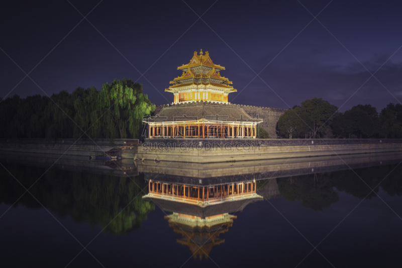 故宫,墙,塔,京宫,亭台楼阁,水,水平画幅,夜晚,无人,古老的