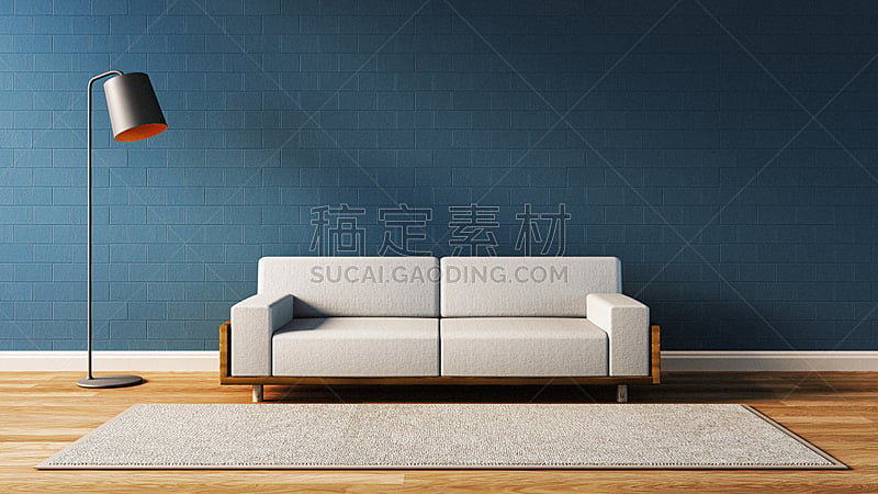 极简构图,墙,蓝色,起居室,古典式,夏天,灯,家具,现代,沙发