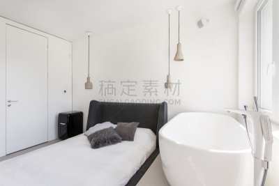 卧室,浴盆,椭圆形,床,白屋顶间歇泉,水平画幅,无人,浴室,微缩火车,现代