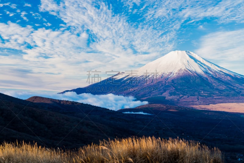 山,富士山,水,天空,美,水平画幅,云,雪,无人,早晨