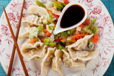 饺子,酱油,蔬菜,点心,饮食,水平画幅,无人,开胃品,盘子,日本食品