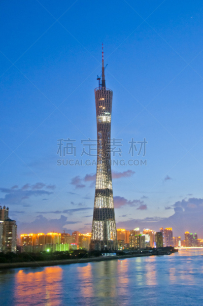 广州,塔,发射塔,珀尔里福,垂直画幅,水,天空,夜晚,无人,曙暮光