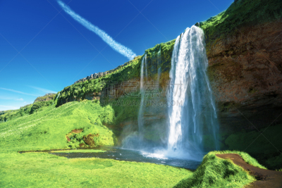 冰岛国,瀑布,seljalandsfoss waterfall,水,天空,能源,夏天,石材,草,高处