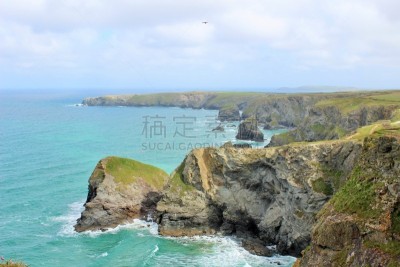 康沃尔,自然美,悬崖,水平画幅,无人,户外,海洋,绿松石色,海岸线,海滩