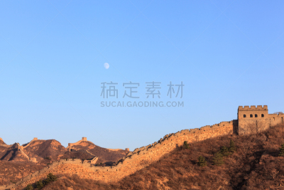 金山岭长城,长城,天空,留白,水平画幅,墙,无人,月亮,石材,国际著名景点