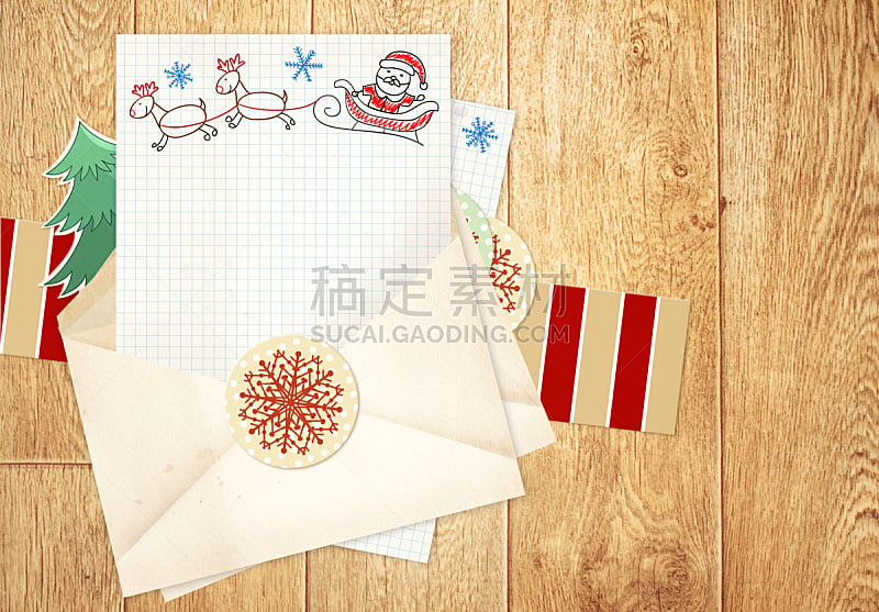 圣诞老人,信函,留白,人老心不老,水平画幅,消息,信封,开着的,明信片
