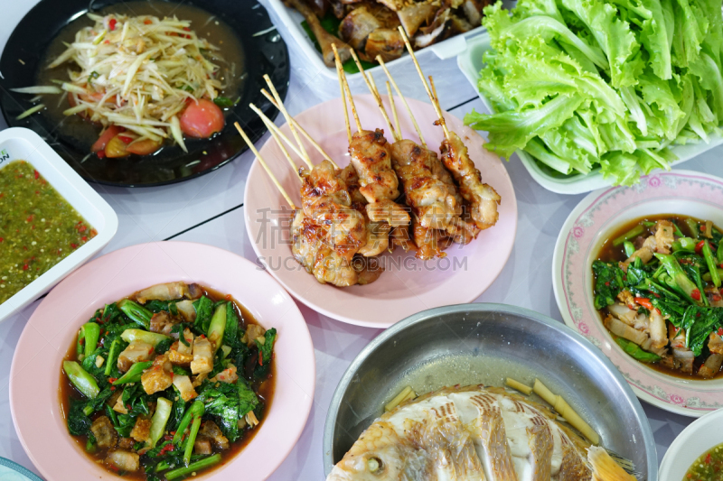 食品,饮食,沙拉碗,水平画幅,米,膳食,泰国,涮涮锅,东方食品,青木瓜沙拉
