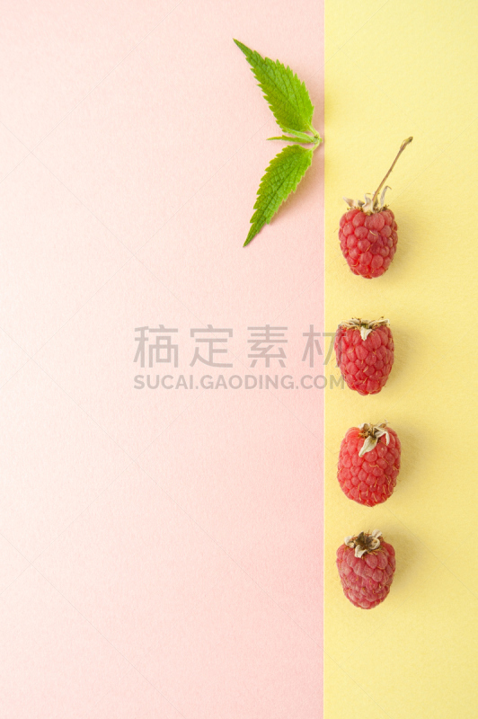 清新,熟的,覆盆子,绿色背景,黄色,彩色蜡笔,薄荷,食品添加剂,情绪板,卷积云