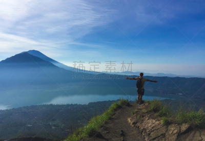 早晨,地形,火山,男人,山,小路,远距离,自然美,在上面,小混混