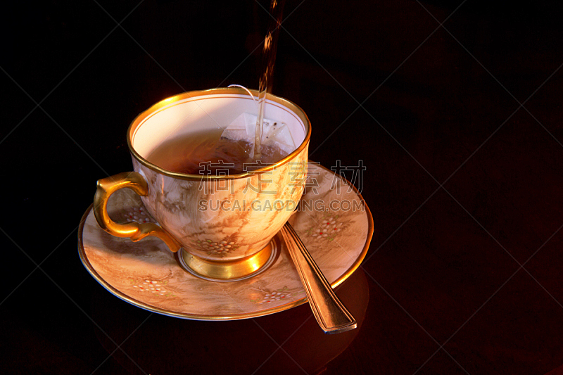 茶,早餐,水平画幅,无人,茶碟,早晨,饮料,茶包,流水,液体