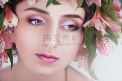 女人,女孩,花环,灰色眼睛,白色人种,粉红色的眼影,六出花,美,水平画幅,美人