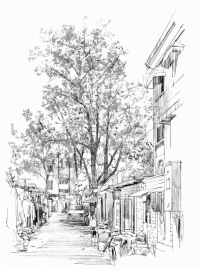 街道,古老的,建筑外部,狭窄的,铅笔画,草图,美术工艺,汽车,铅笔,巷