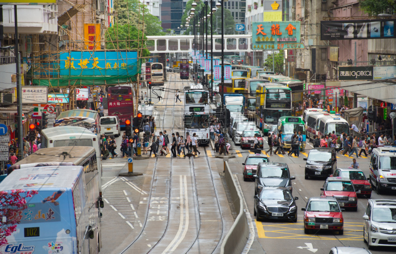 斑马线,拥挤的,铜锣湾,缆车,行人,出租车,巴士,高峰时间,通勤者,忙碌