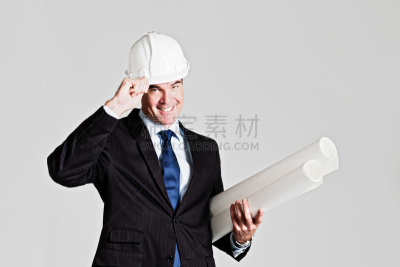 男商人,拿着,计划书,男性美,卷边裤,运动头盔,扶正帽子,土木工程师,留白,半身像
