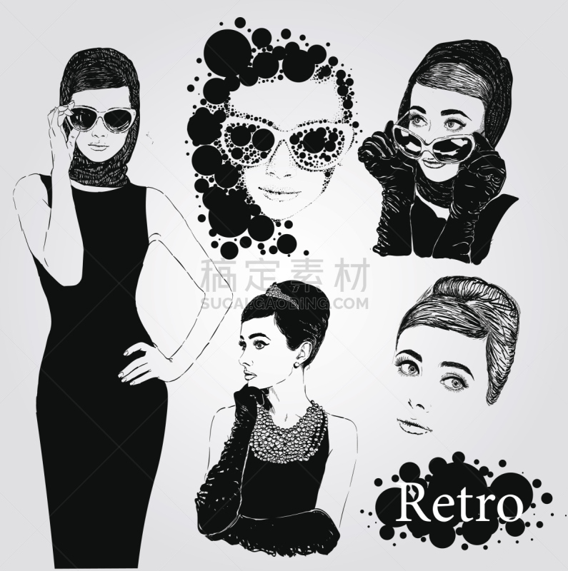 看,女人,时尚,50年代风格,小黑裙,垂直画幅,美,青少年,绘画插图