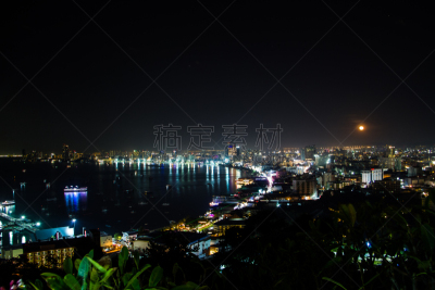 夜晚,芭堤雅,城市,电缆,水,天空,水平画幅,月亮,旅行者,户外
