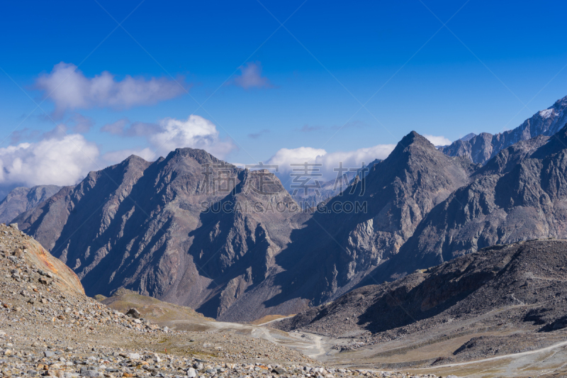 Mountains and peaks landscape. Stubaier Gletscher covered with glaciers and snow, natural environment. Hiking in the Stubai Alps. Ski resort in Tirol, Austria, Europe