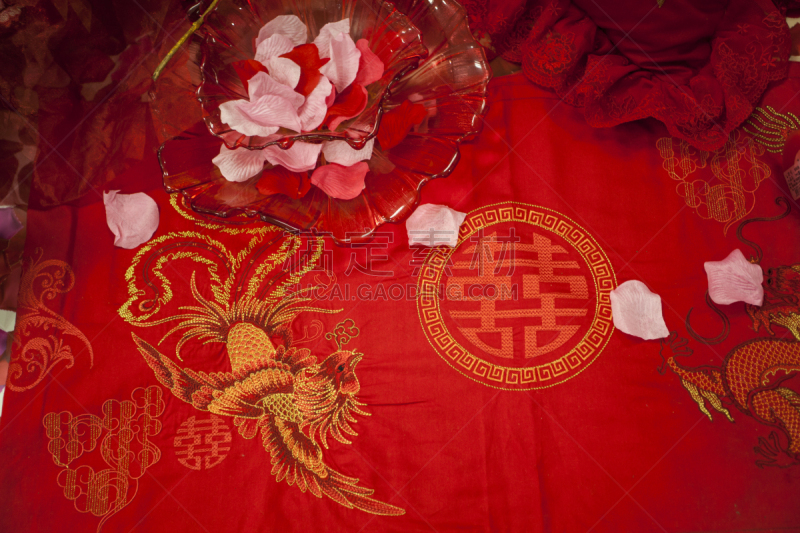 刺绣,中国,棉被,婚礼,幸福,水平画幅,快乐,特写,仅一朵花,龙