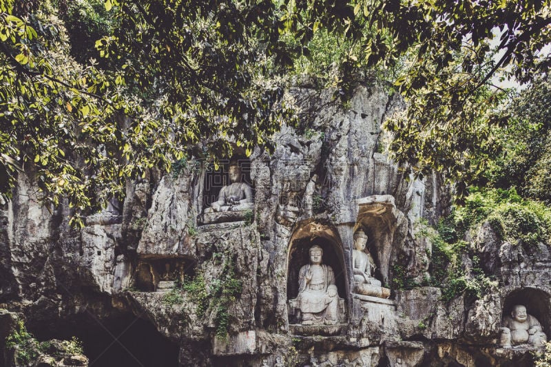 杭州,丰,灵隐寺,泥瓦匠,修道院,旅游目的地,水平画幅,无人,全景,寺庙