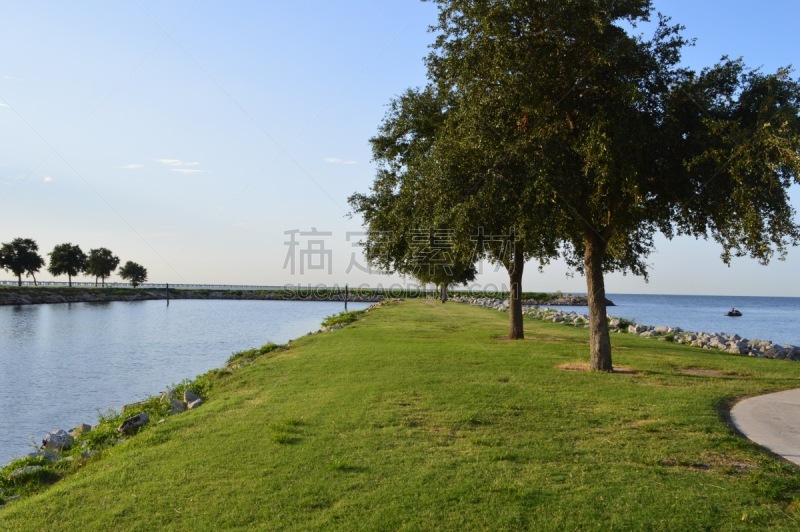海岸线,路易斯安那州,纽奥尔良,庞恰特雷恩湖,水,天空,湖岸,水平画幅,无人,黄昏