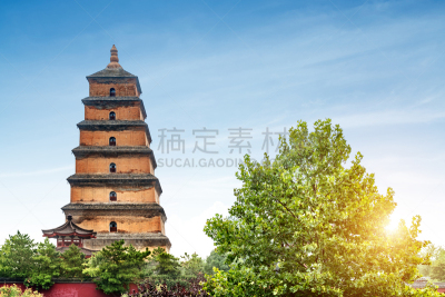 西安,宝塔,雁属,野外动物,水,天空,水平画幅,无人,传统,户外