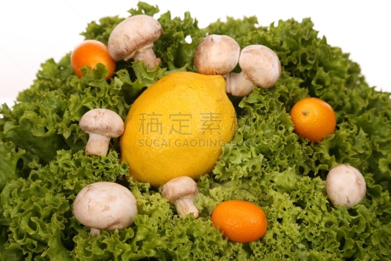 柠檬,莴苣,蘑菇,桔子,绿色,野菇,金橘,水平画幅,特写,食用菌