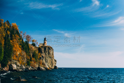 斯普利特岩灯塔,水,天空,美,水平画幅,无人,户外,灯塔楼,北美,苏必利尔湖