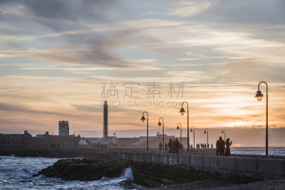加的斯,西班牙,城堡,圣塞瓦斯蒂安,帕雅-德拉卡勒塔,加的斯省,水平画幅,无人,南欧,日落