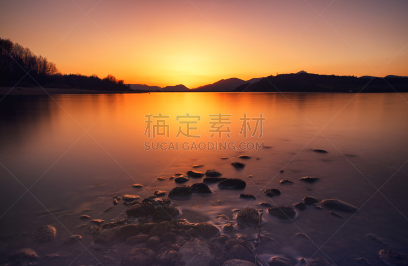 利普托夫斯卡玛啦,湖,斯洛伐克,塔特里山脉,水库,水,灯光技术,水平画幅,橙色,日出
