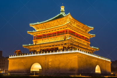 钟楼,西安,水平画幅,建筑,无人,黄昏,亚洲,塔,旅途,多色的