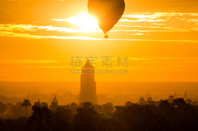 蒲甘,缅甸,塔,在上面,热气球,娘乌镇,风,水平画幅,建筑,无人