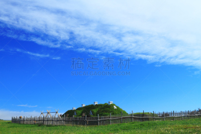 维京人,人类居住地,长屋,纽芬兰省,纪念碑,天空,水平画幅,枝繁叶茂,夏天,户外