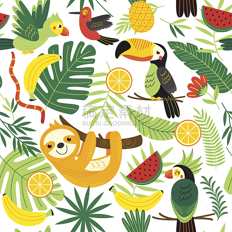 四方连续纹样,动物,鸡尾酒,巨嘴鸟,树懒,天气,蜂鸟,热带气候,菠萝,西瓜