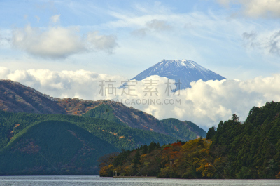 富士山,湖,山,背景,箱根湿地植物园,箱根园,鸟居,富士箱根伊豆国立公园,水平画幅,雪