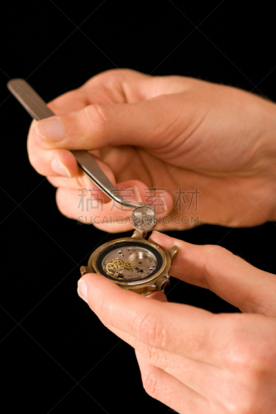 古老的,部分,表,镊子,手,拿着,男人,安全护栏,垂直画幅,钟表匠