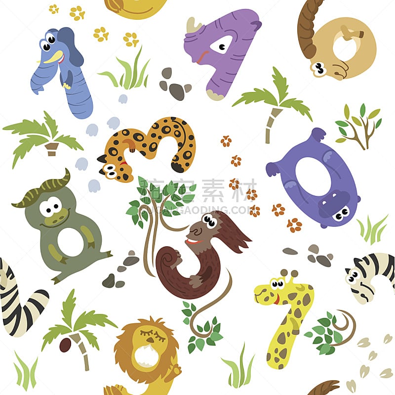 四方连续纹样,数字,非洲,动物,无人,斑马,绘画插图,猴子,犀牛,热带雨林