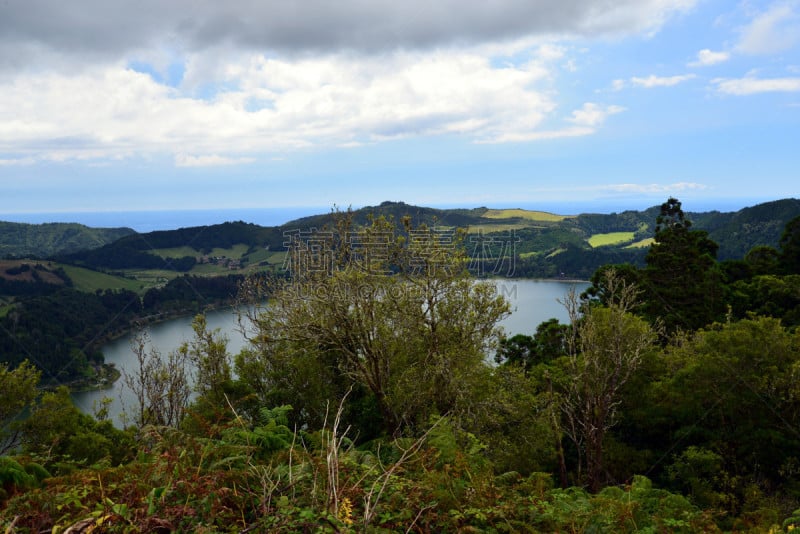 火山湖,亚速尔群岛,山谷市,植物,水平画幅,地形,弗纳斯山谷,无人,大西洋群岛,户外