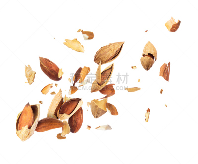 撕破的,杏仁,切片食物,白色背景,褐色,风,水平画幅,干的,特写,开着的