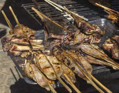 鱼类,街市,格子烤肉,水平画幅,巴厘岛,膳食,海产,户外,明虾,金巴兰湾