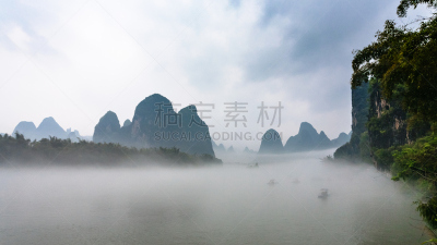 兴平,雾,河流,全景,在上面,遇龙河,漓江,阳朔,桂林,喀斯特