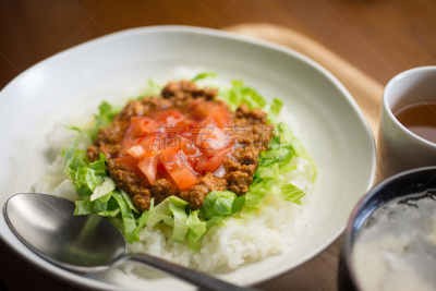 食品,日本,塔可饭,涂油烤肉,白米,味噌汤,玉米饼,选择对焦,水平画幅,膳食