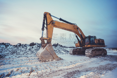 建筑工地,极地漩涡,挖掘机车斗,堆土机,建筑业,冬天,雪,水平画幅,无人,工业机械