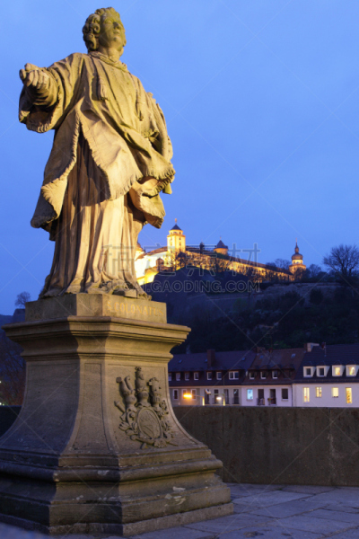 伍茨堡,琴码,过时的,alte mainbrucke,垂直画幅,建筑,夜晚,无人,黄昏,巴伐利亚