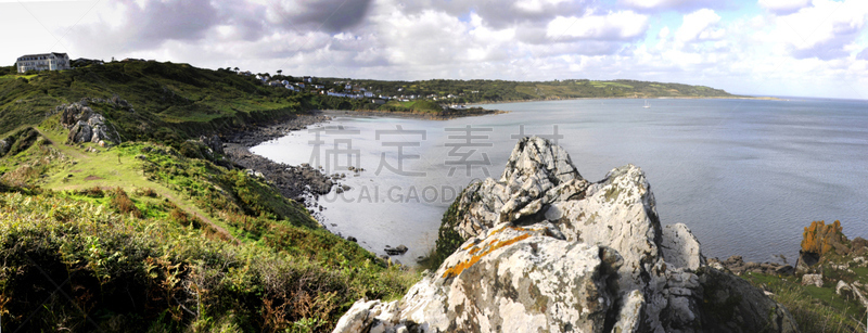 卡夫莱克,海湾,康沃尔,地衣,海岸线,水平画幅,无人,全景,英国,夏天