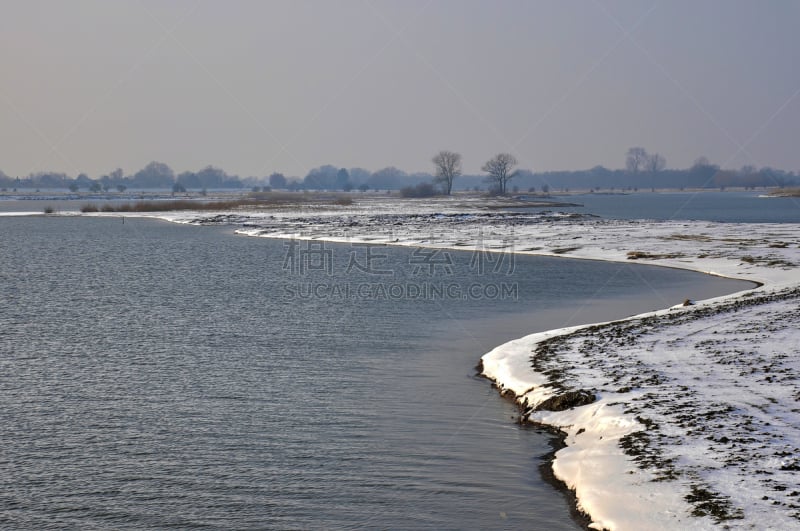 冬天,半岛,兹沃勒,河漫滩,上艾瑟尔,寒冷,水平画幅,地形,雪,无人