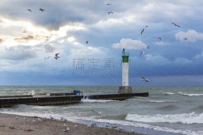 灯塔楼,环嘴鸥,休伦湖,在上面,水,天空,暴风雨,水平画幅,云,沙子