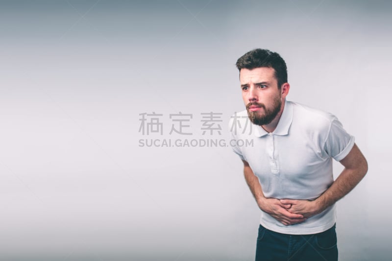 胃疼,青年男人,男性,分离着色,人体,特写,白色背景,诺瓦克病毒,溃疡,阑尾炎